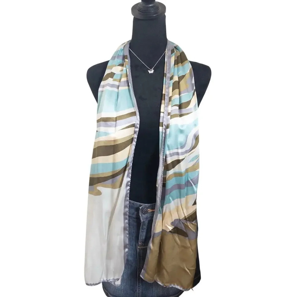 Vintage Made In Italy 100% Silk Abstract Wave Print Scarf Blue Green